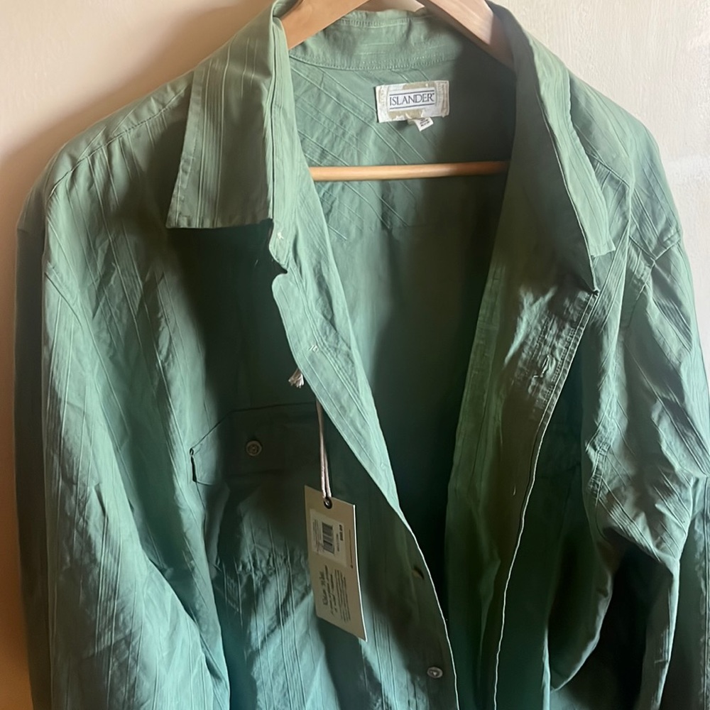 Islander ribbed pale plive green pockets button down French cuff XXL NWT